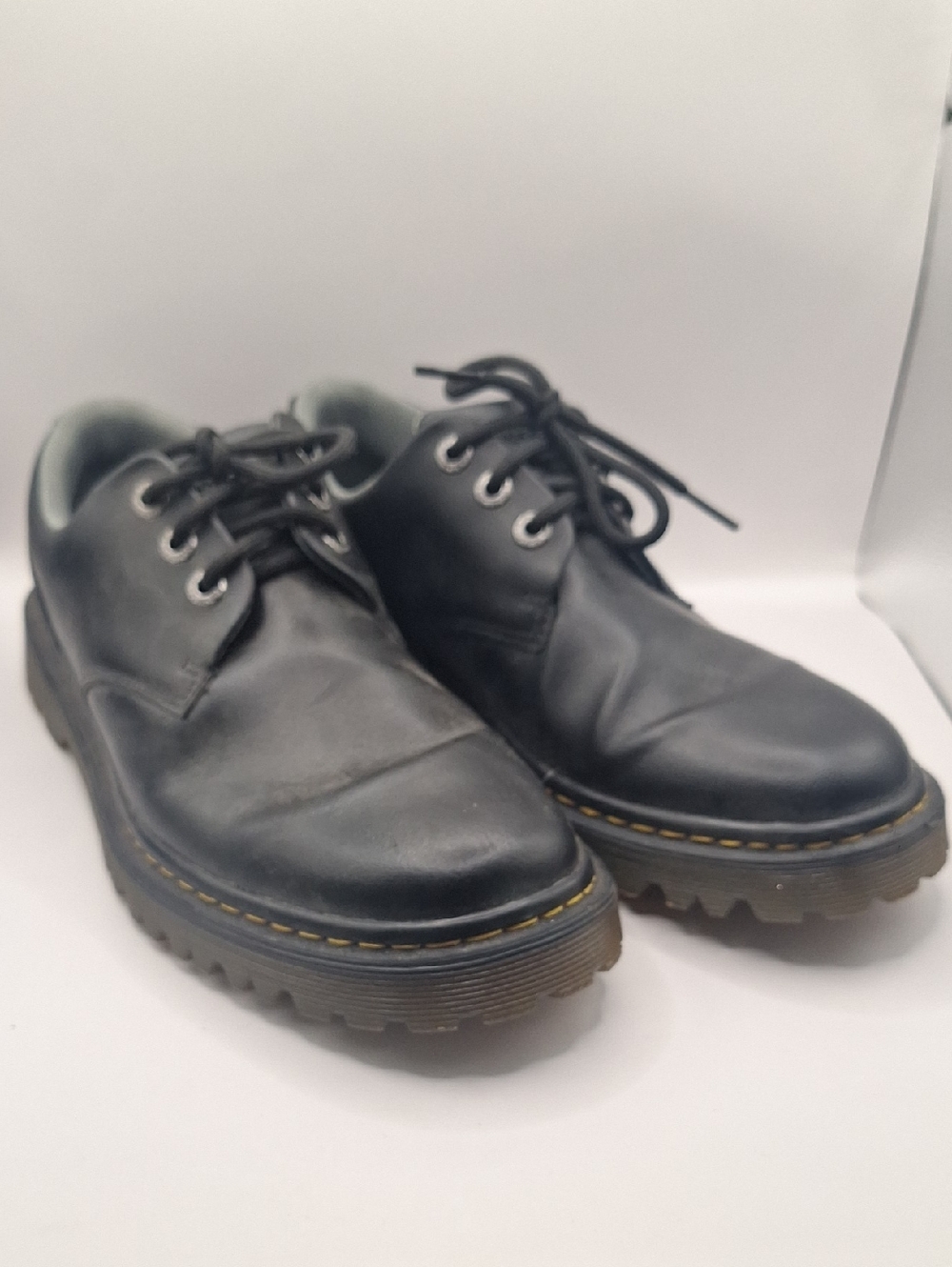 Dr. Martens Black Leather Derby Shoes with Yellow Welt Stitching